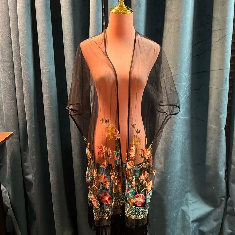 Haute Hippie Black Mesh Floral Embroidered Fringe Boho, Festival Kimono, OS, NWT